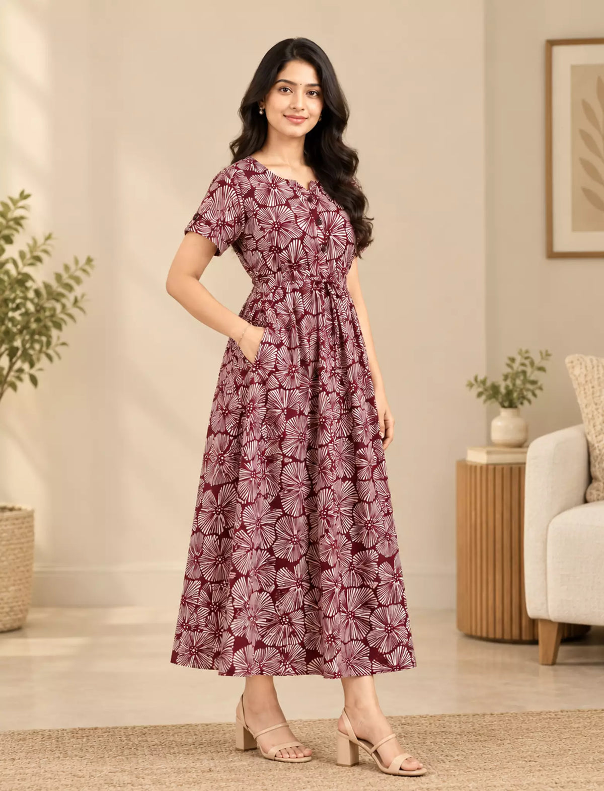 Geometric Floral Fan Print Cotton Gathering Frock with Front Tie | Mangai Nighties