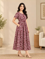 Geometric Floral Fan Print Cotton Gathering Frock with Front Tie | Mangai Nighties