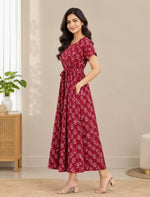 Maroon Printed Cotton Gathering Frock with Pocket Mangai Nighties