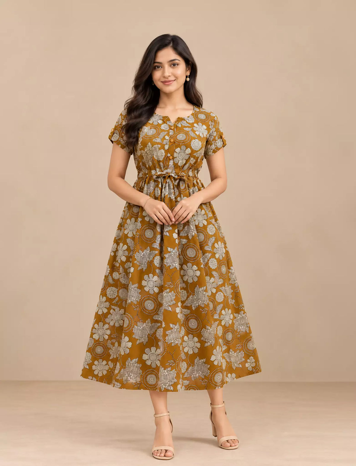 Floral Printed Cotton Gathering Maxi Frock with Front Tie - Mangai Nighties