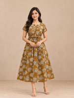 Floral Printed Cotton Gathering Maxi Frock with Front Tie - Mangai Nighties
