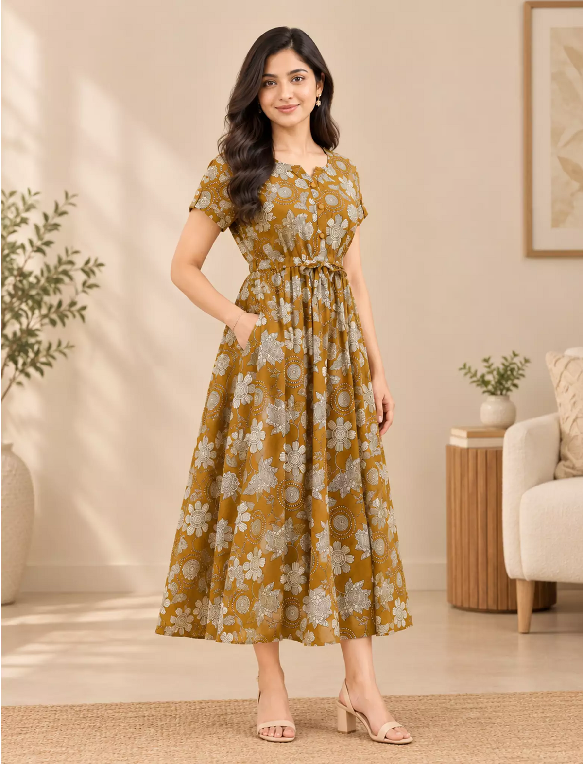 Floral Printed Cotton Gathering Maxi Frock with Front Tie - Mangai Nighties