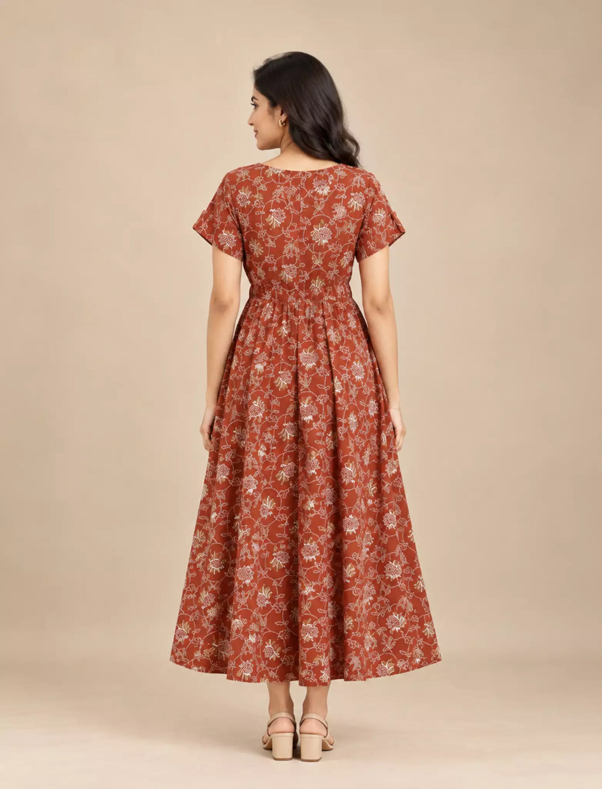 Floral Print Cotton Gathered Maxi Frock with Tie Rope | Mangai Nighties