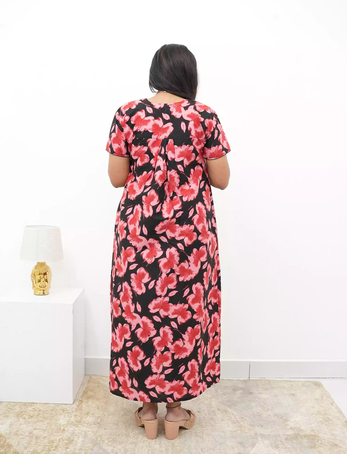Floral Print Cotton Daily Wear Pleated Nighty with Front Zip | Mangai Nighties