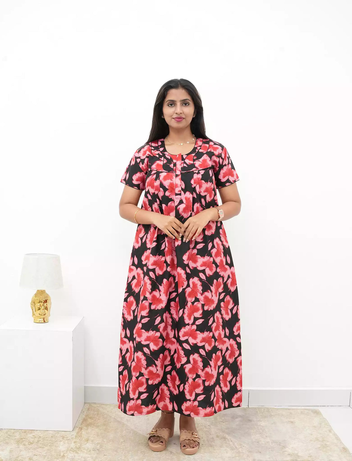 Floral Print Cotton Daily Wear Pleated Nighty with Front Zip | Mangai Nighties