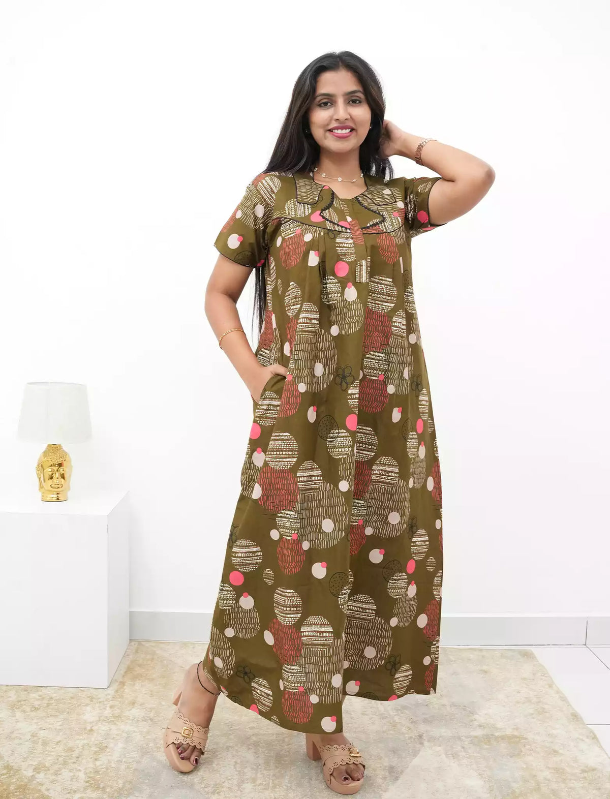 Abstract Cotton Pleated Nightdress with Side Pocket | Mangai Nighties