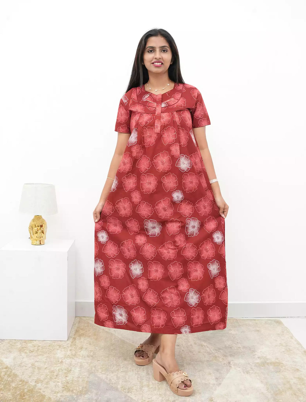 Cotton Floral Printed Front Zipper Nighty with Pocket | Mangai Nighties