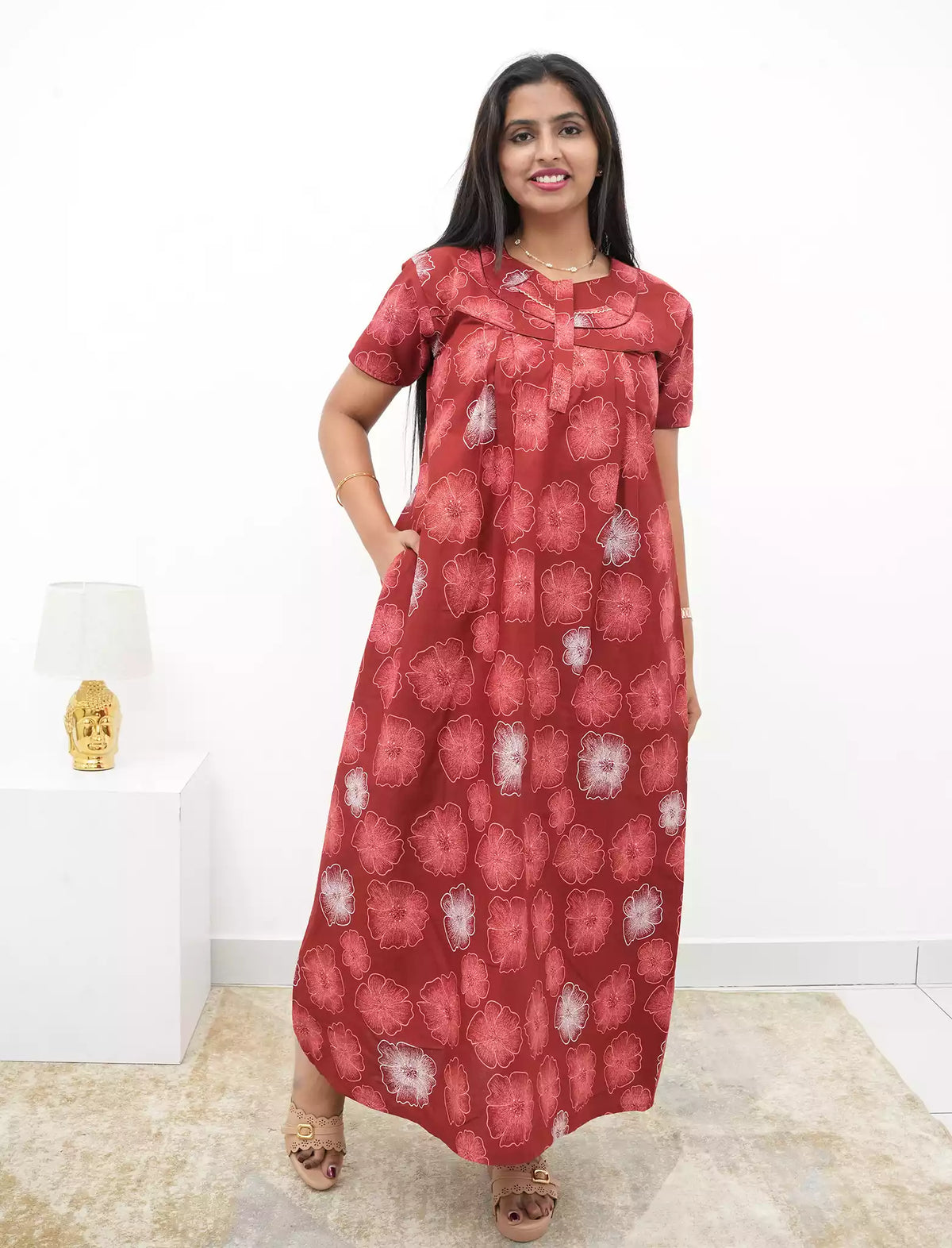 Cotton Floral Printed Front Zipper Nighty with Pocket | Mangai Nighties