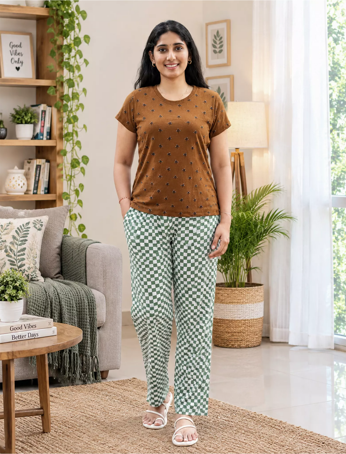 Brown Floral Green Checks Pyjama Set for Women | Mangai Nighties