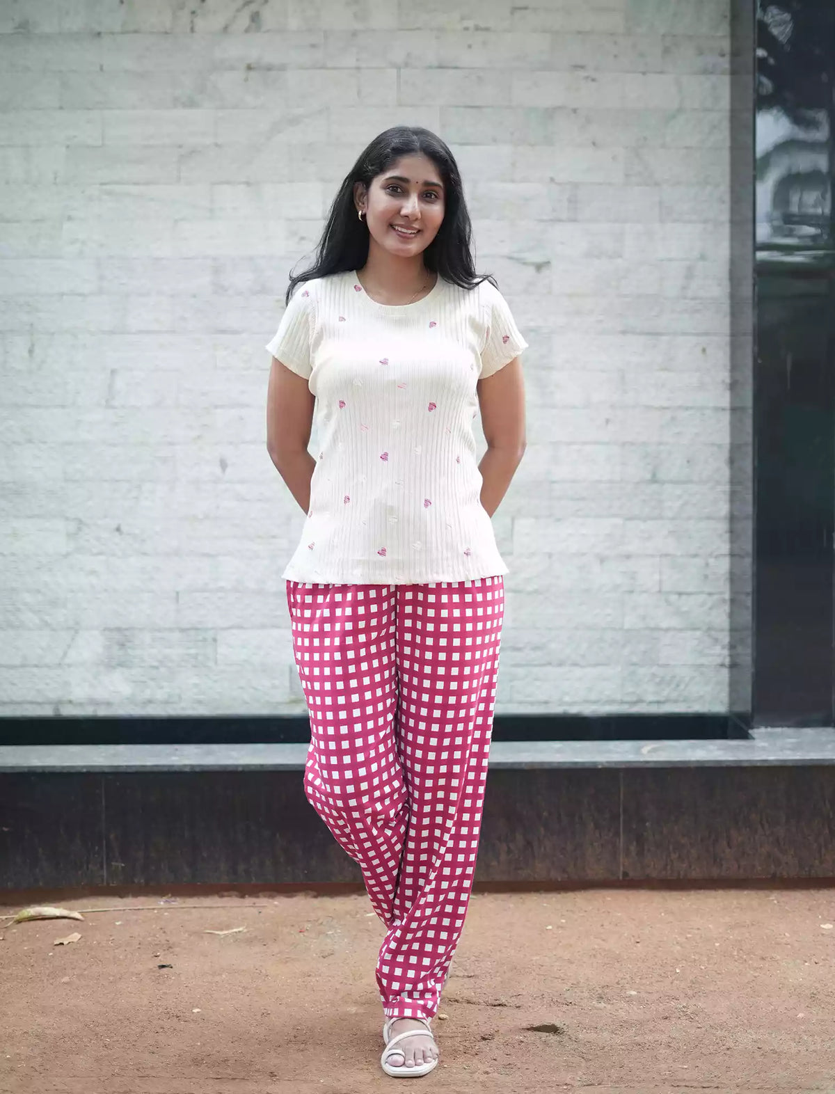 Pink Floral & Checks Ribbed Cotton Pyjama Set | Mangai Nighties