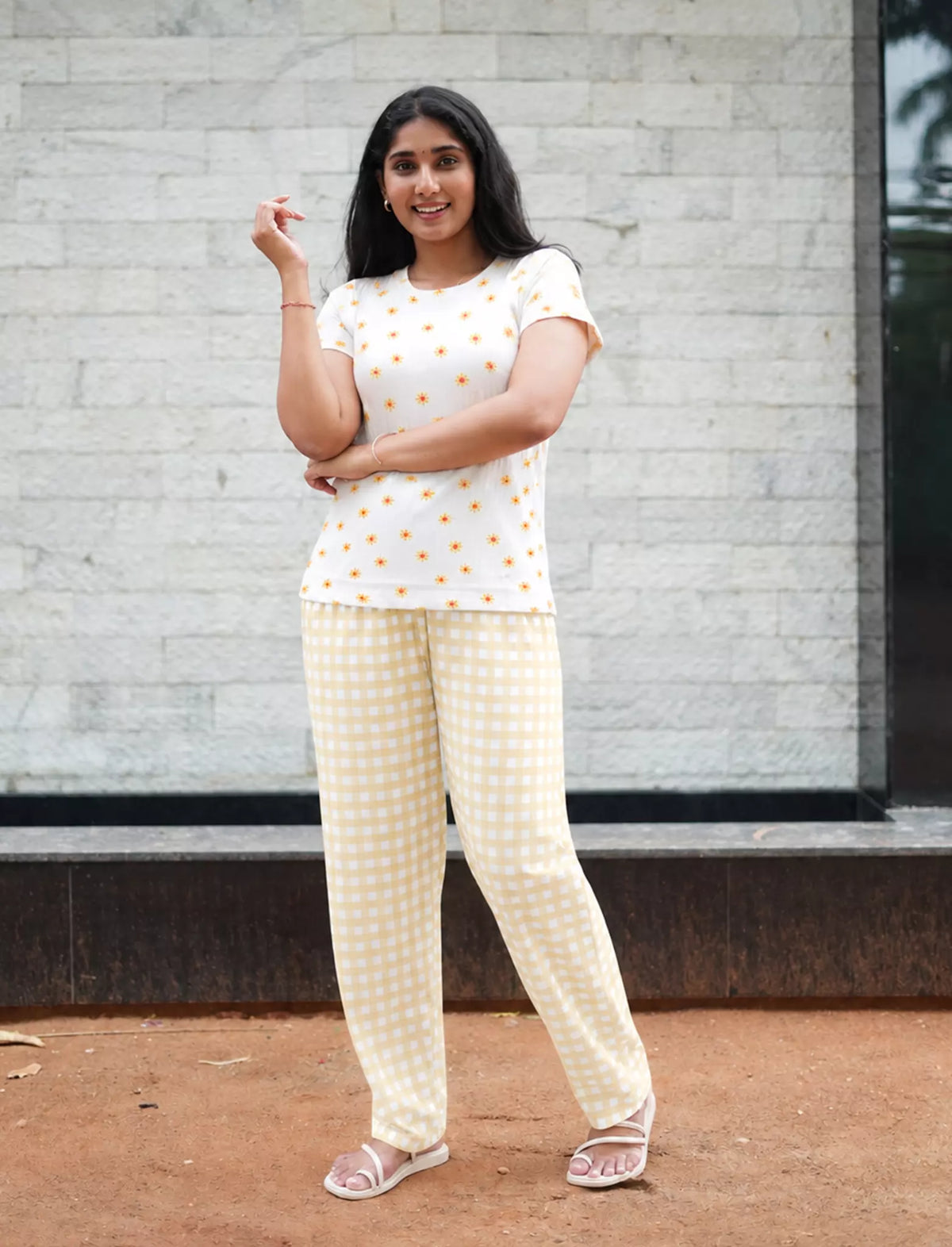 White Floral Yellow Checks Cotton Pyjama Set | Mangai Nighties
