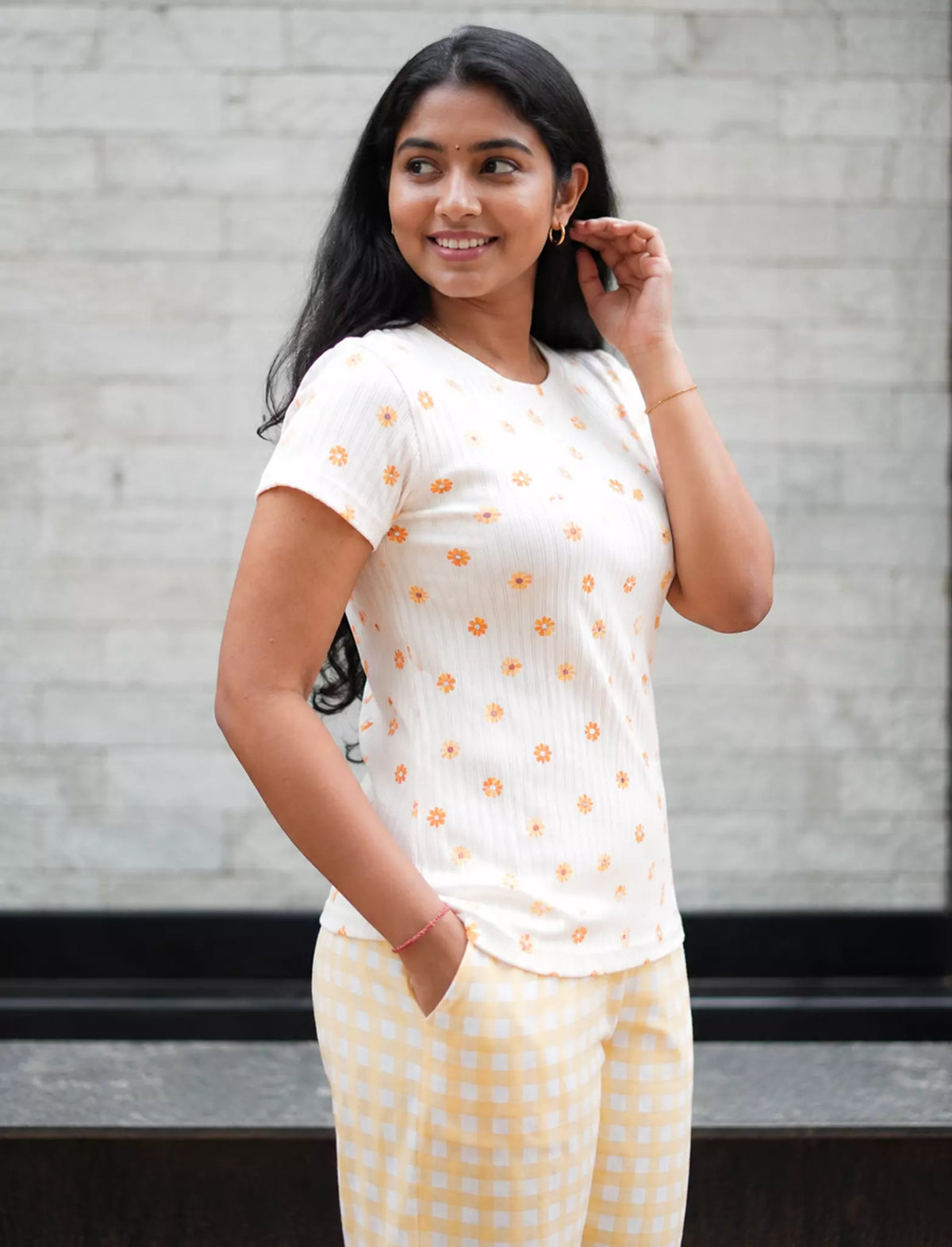 White Floral Yellow Checks Cotton Pyjama Set | Mangai Nighties