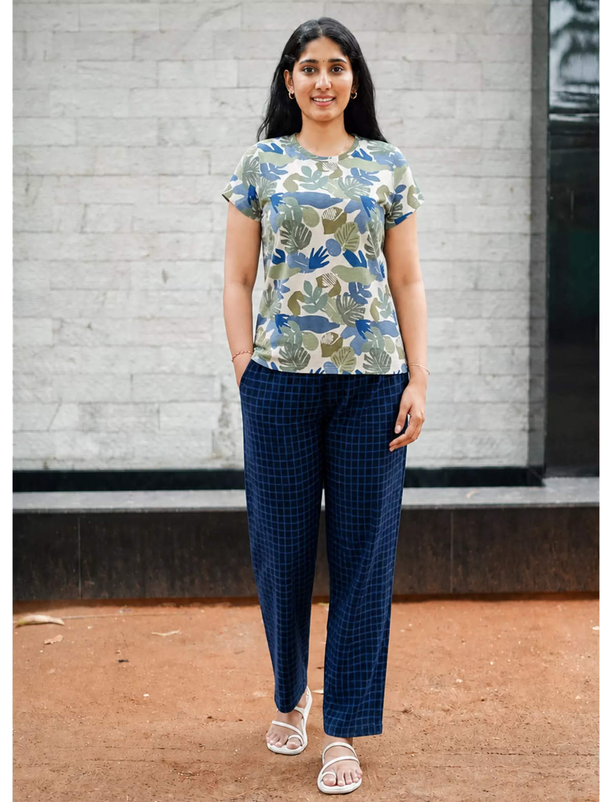 Blue Leaf Print Navy Check Pyjama Set for Women | Mangai Nighties