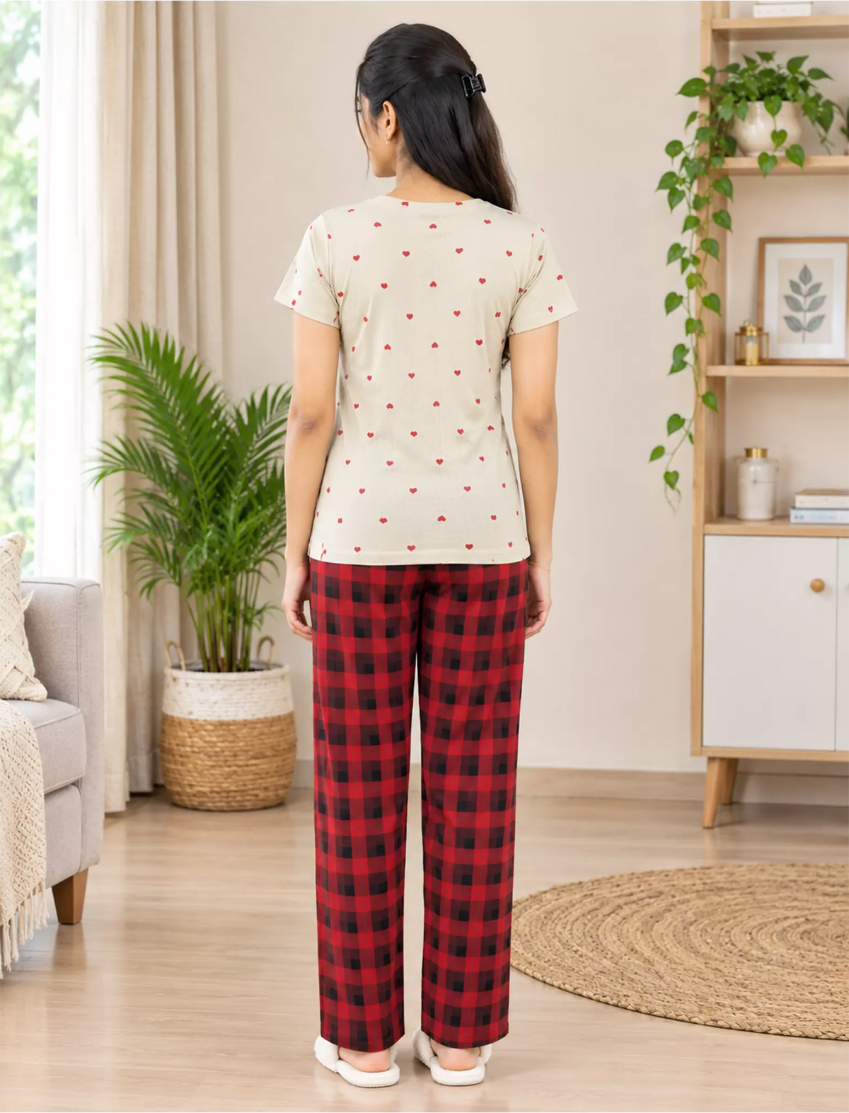 Women’s Ribbed Cotton Heart & Check Pyjama Sets | Mangai Nighties