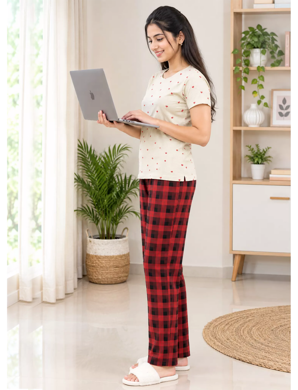 Women’s Ribbed Cotton Heart & Check Pyjama Sets | Mangai Nighties