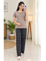 Taupe Small Print Black Checks Pyjama Set Women | Mangai Nighties