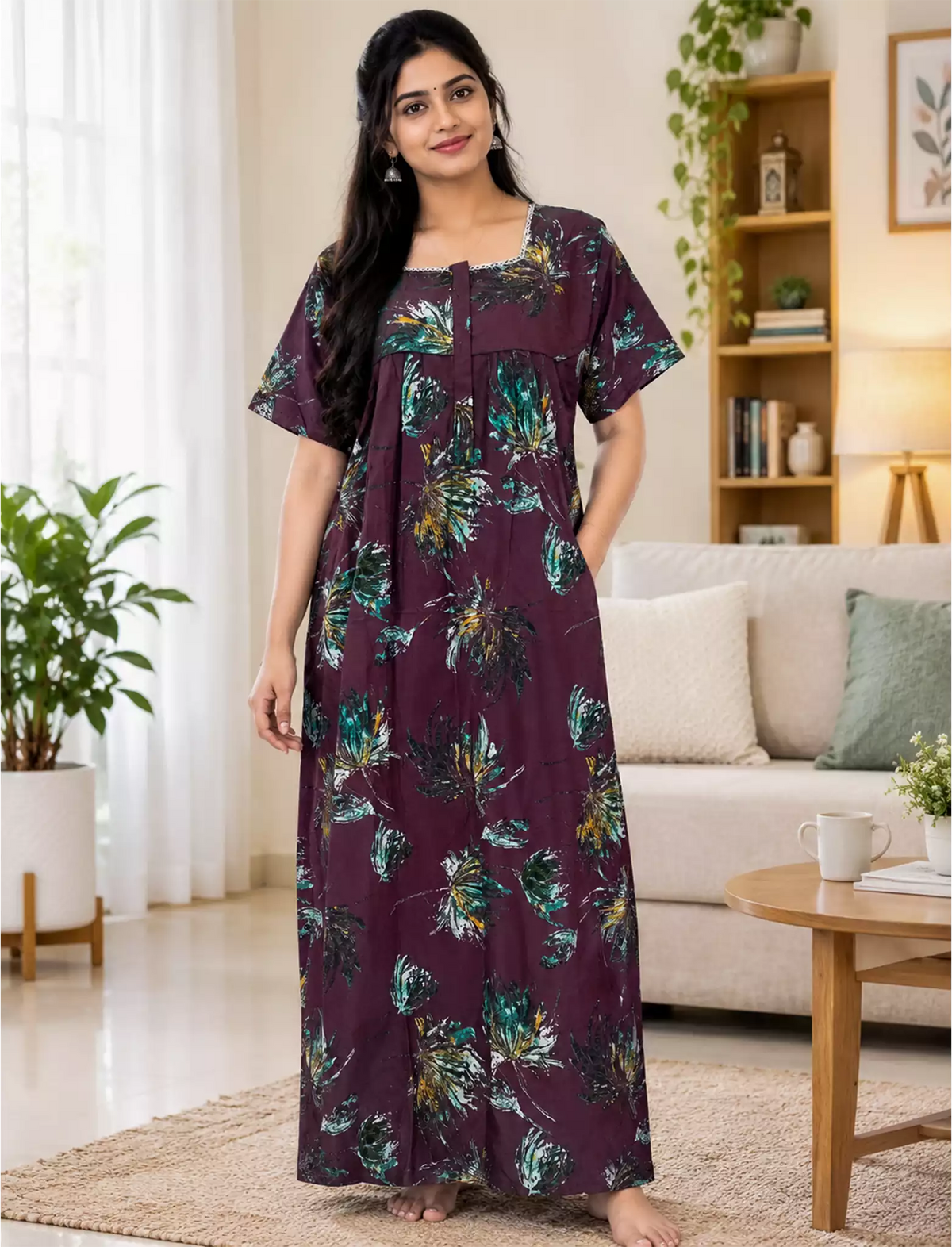 Cotton Floral Printed Pleated Front Zip Nighty with Front Zip- Mangai Nighties
