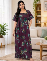 Cotton Floral Printed Pleated Front Zip Nighty with Front Zip- Mangai Nighties