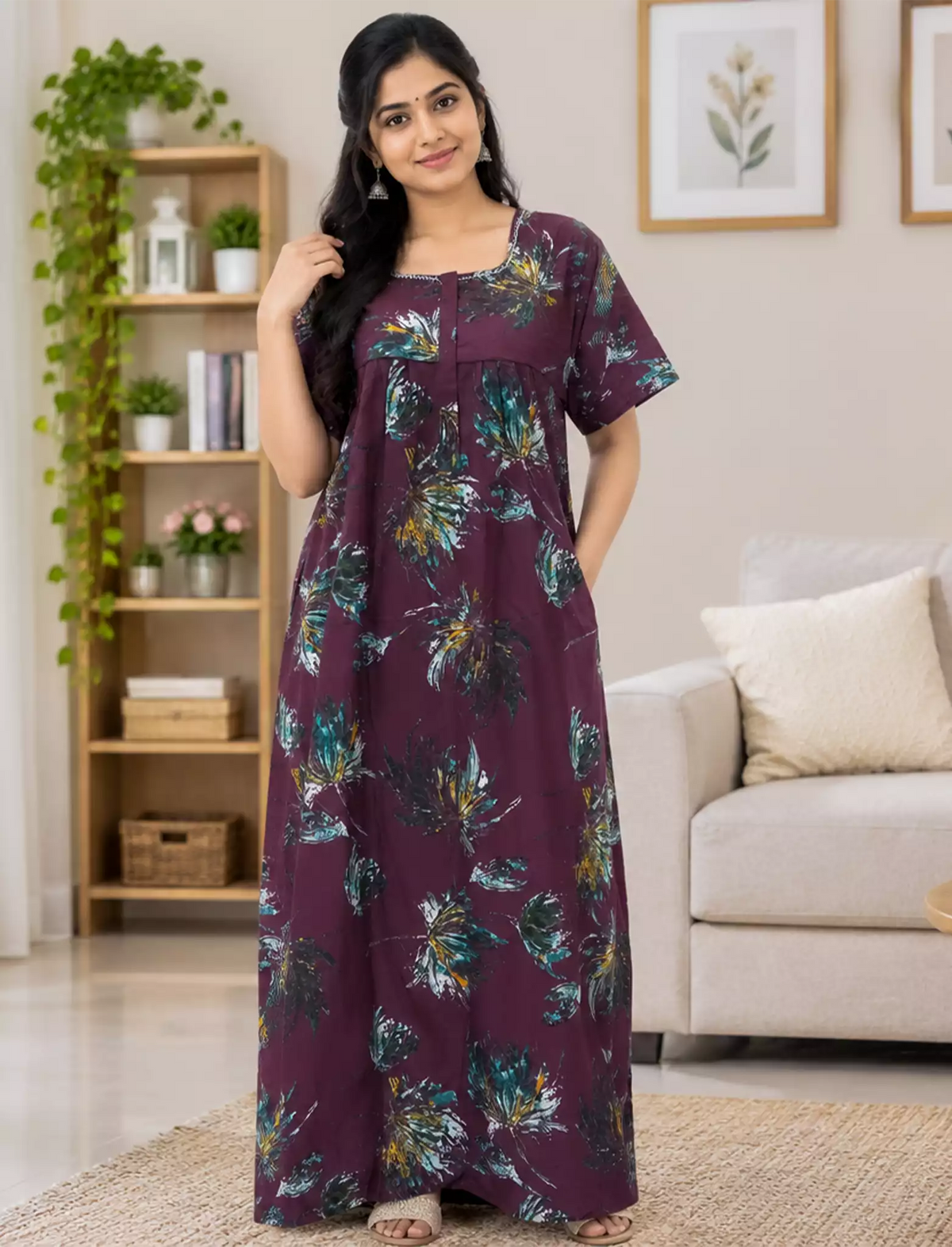 Cotton Floral Printed Pleated Front Zip Nighty with Front Zip- Mangai Nighties