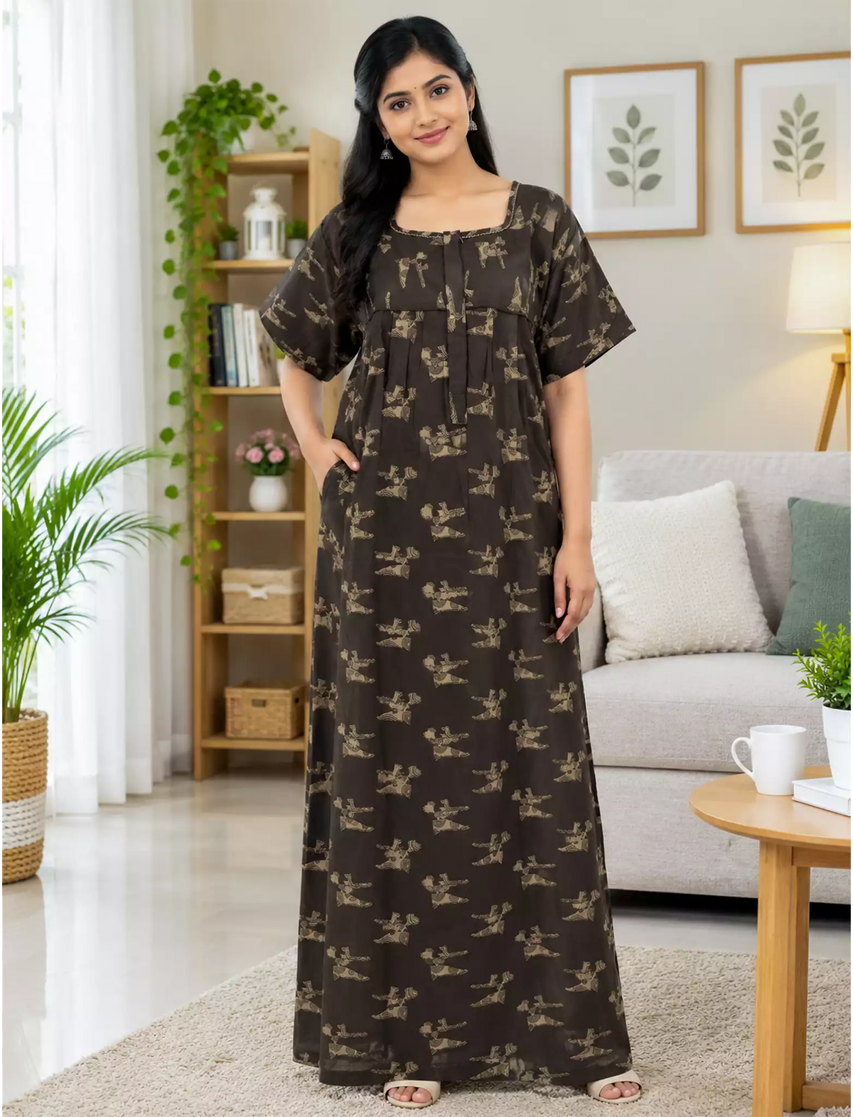 Women Soft Cotton Abstract Print Front Open Zipper Nighty - Mangai Nighties