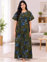 Cotton Floral Printed Pleated Front Zip Nighty with Front Zip- Mangai Nighties