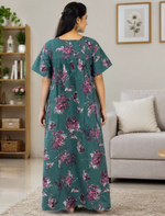 Cotton Floral Printed Pleated Front Zip Nighty with Front Zip- Mangai Nighties