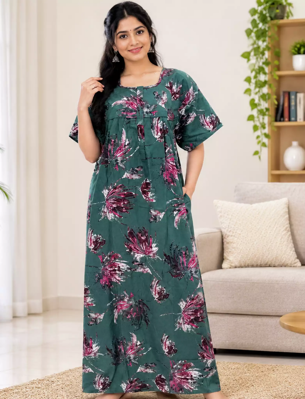 Cotton Floral Printed Pleated Front Zip Nighty with Front Zip- Mangai Nighties