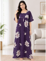 Women Floral Print Soft Cotton Zipper Nighty with Side Pocket - Mangai Nighties