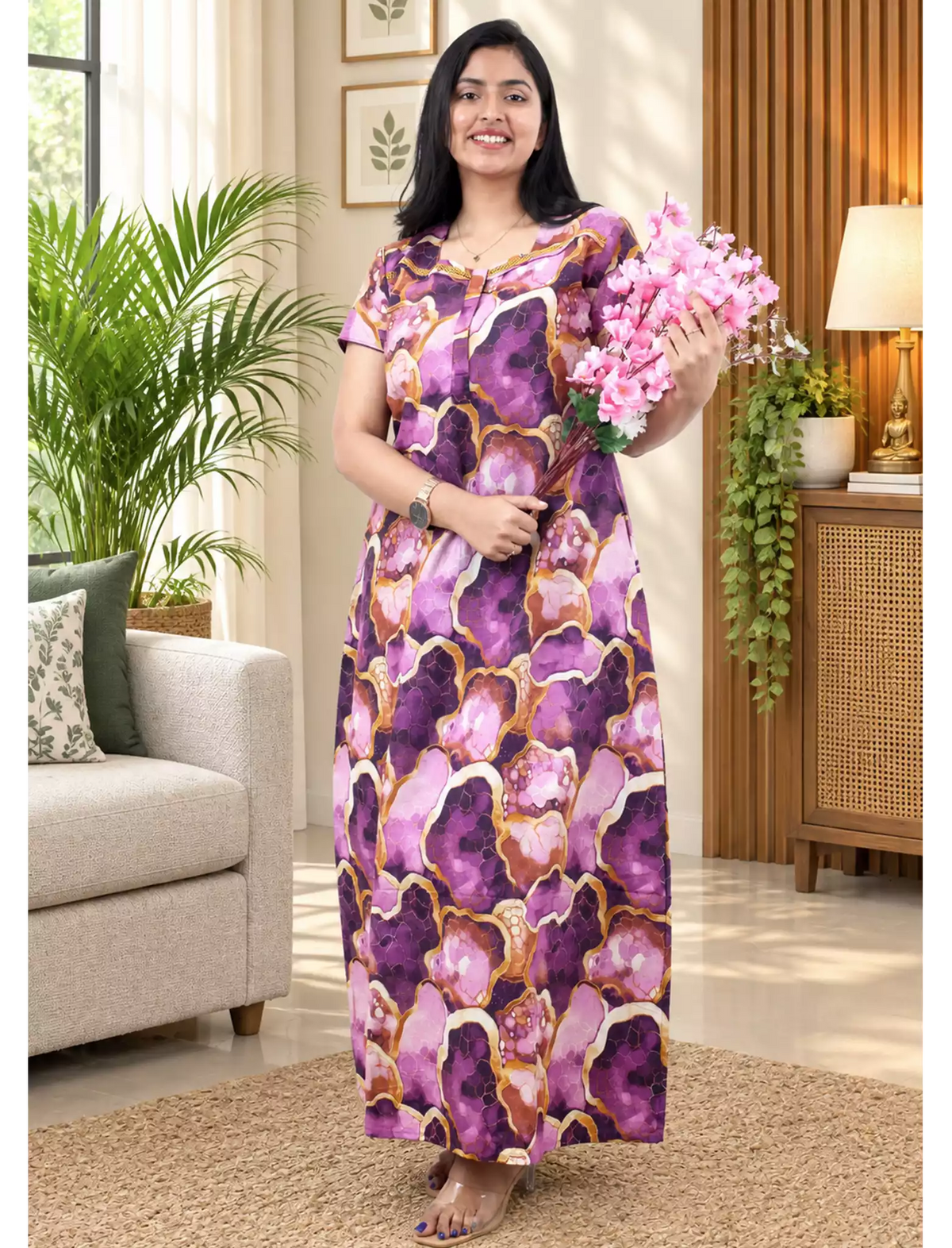 MANGAI New Regular Fit Cotton Printed Nighties - All Over Printed Stylish Nightwear for Stylish Women | Side Cut Pocket | Beautiful Nighties for Stylish Women's | Colourful Printed Cotton Nighties (SLB)