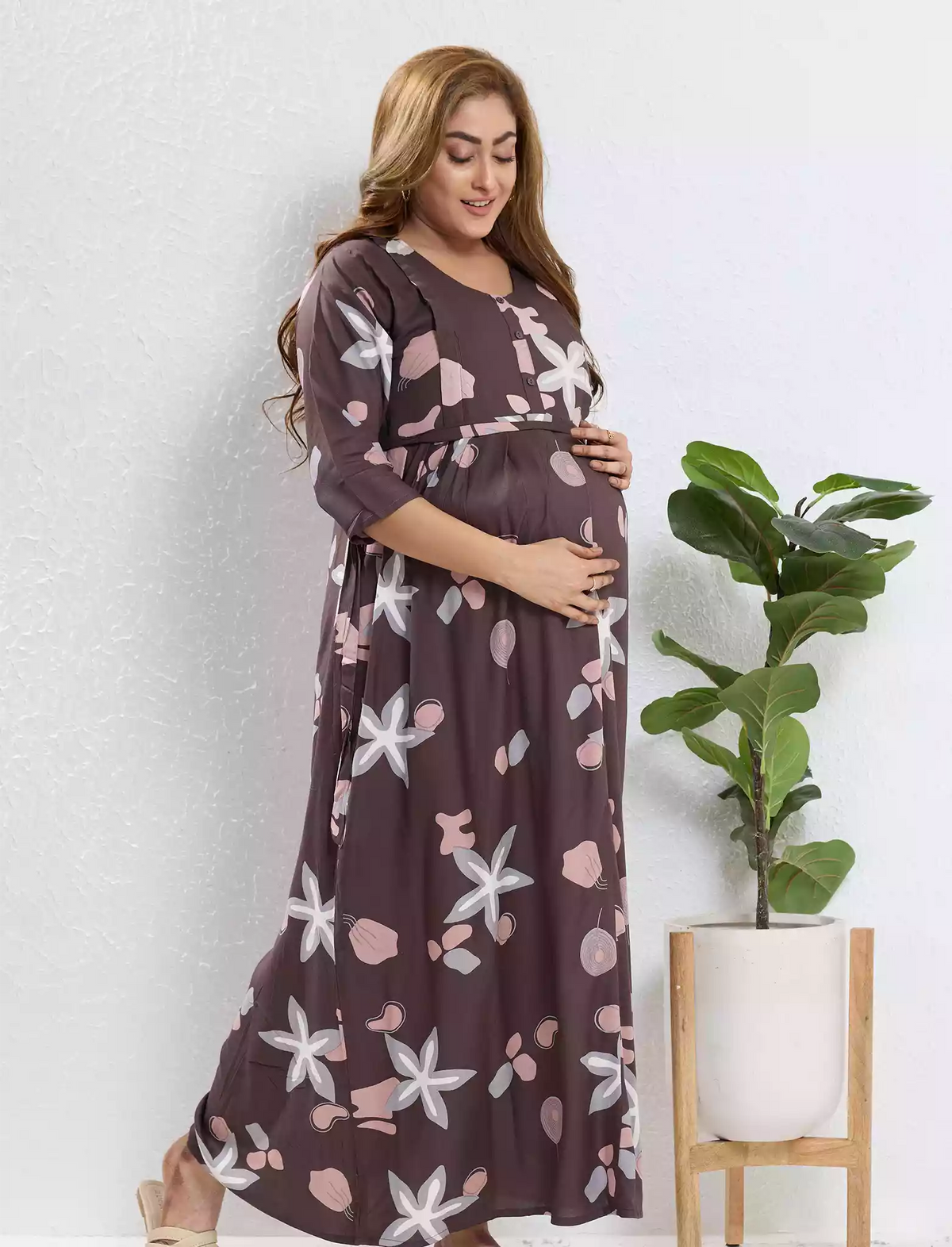 Coffee Brown Rayon Feeding Nighty Front Zip - Mangai Nighties