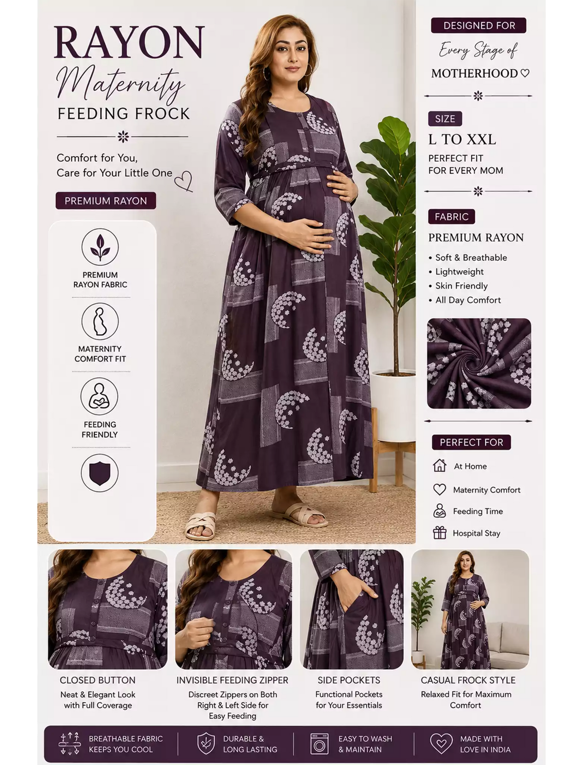 Purple Rayon Feeding Long Frock - Mangai Nighties