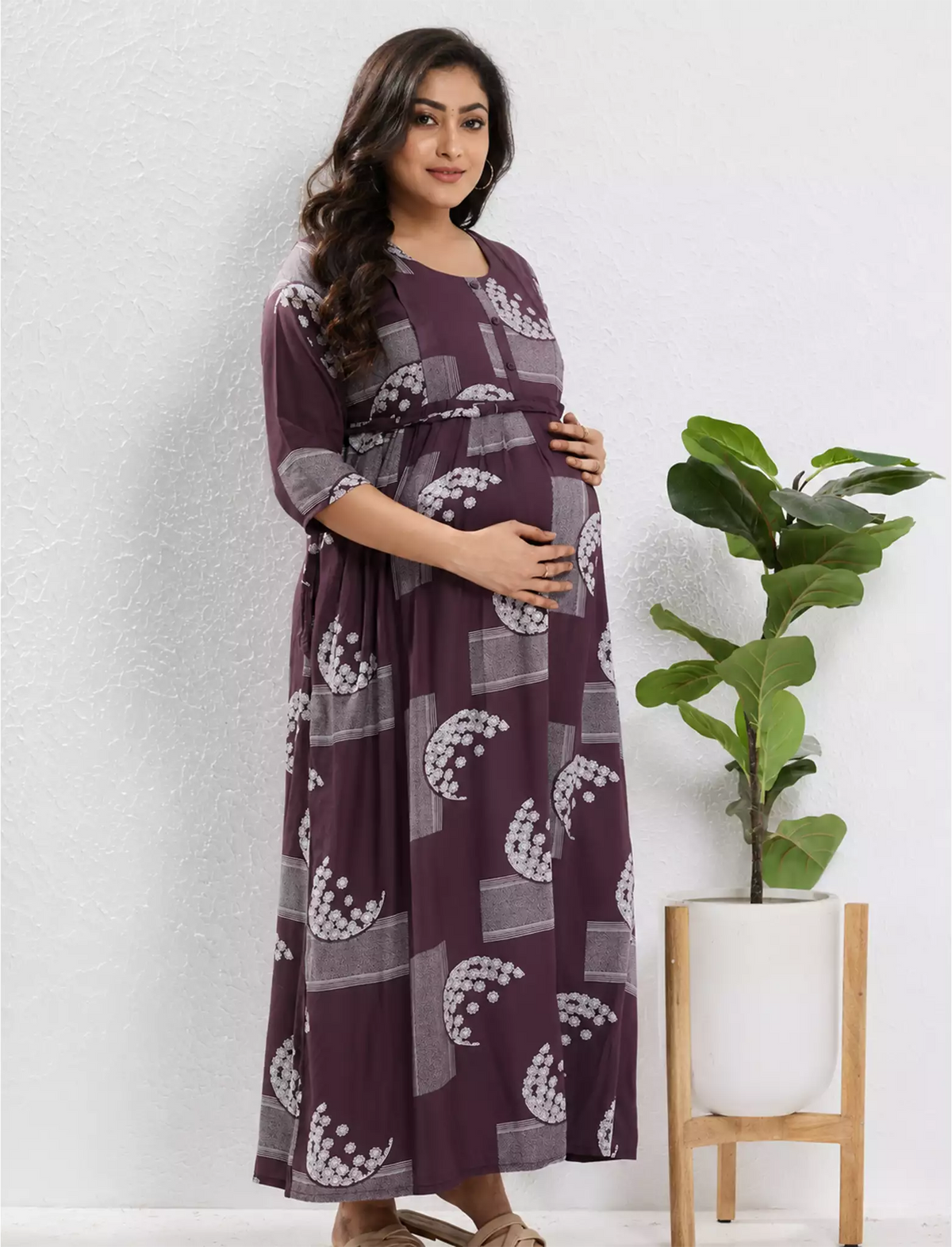 Purple Rayon Feeding Nighty Front Zip - Mangai Nighties