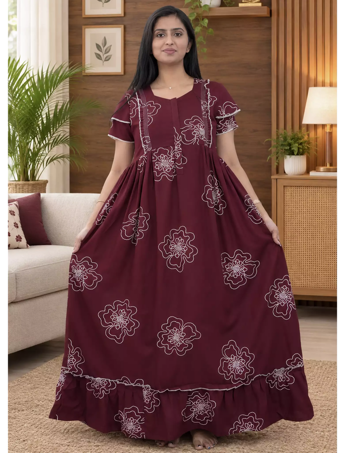 Maroon Floral Outline Print Rayon Front Zipper Feeding and Casual Full Frock - Mangai Nighties
