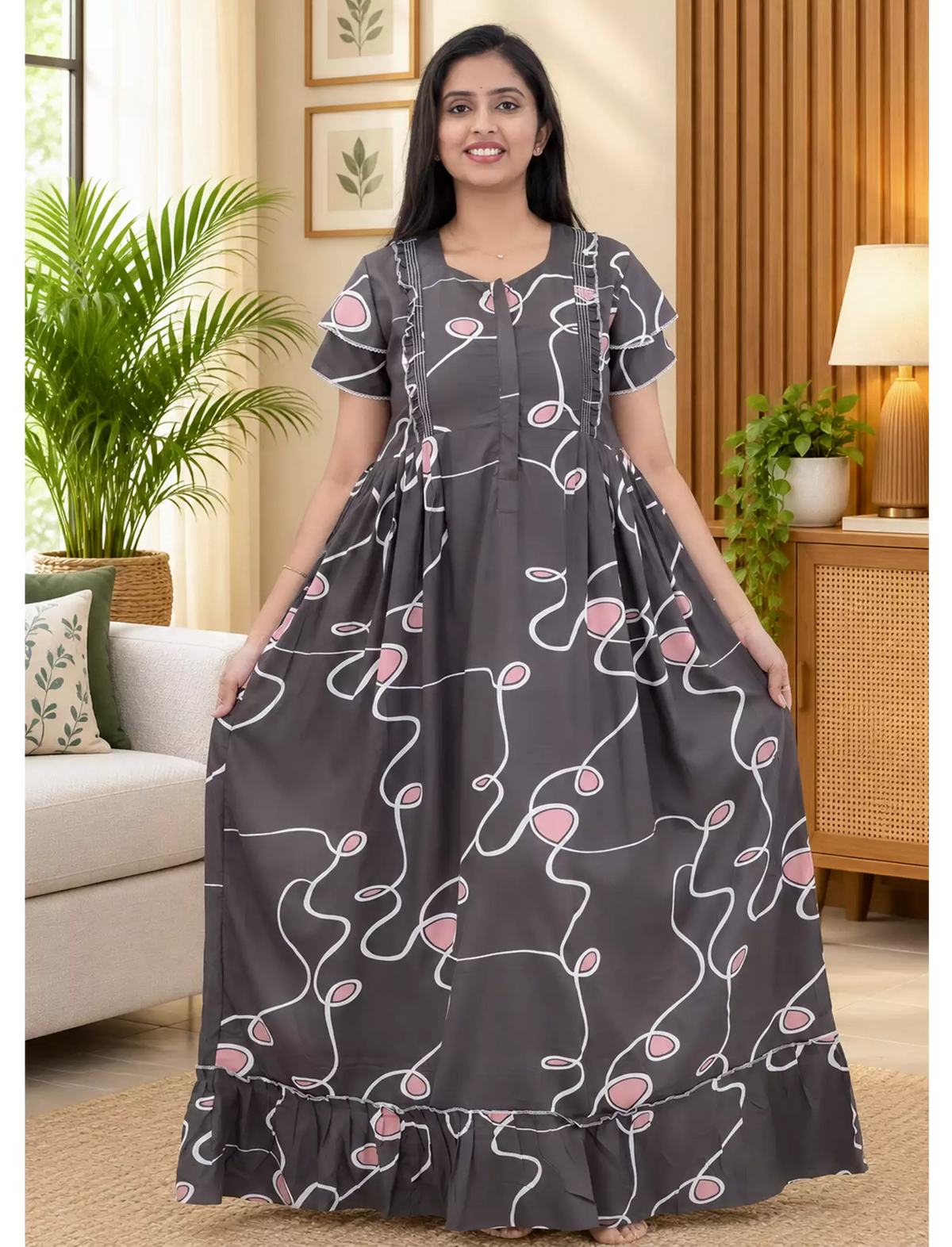 Navy Abstract Loop Print Rayon Front Zipper Feeding Full Frock with Layer Sleeve - Mangai Nighties