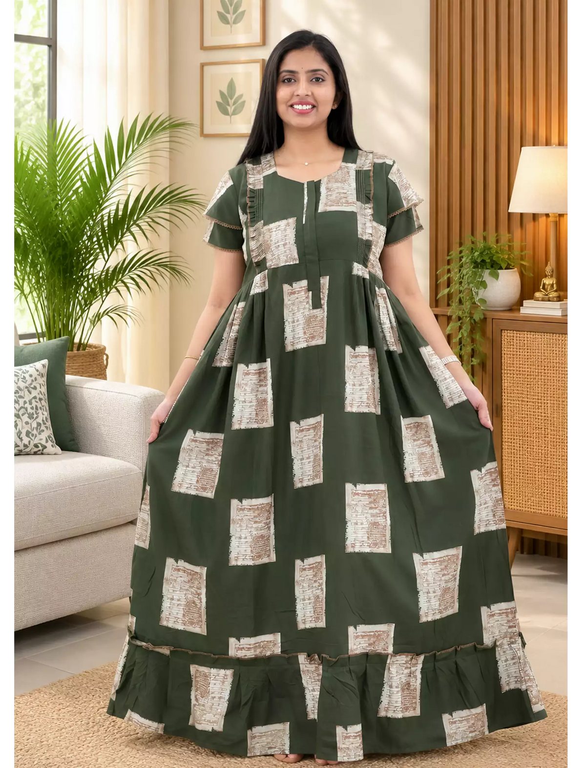 Geometric Print Rayon Front Zipper Feeding Full Frock with Flutter Sleeve- Mangai Nighties
