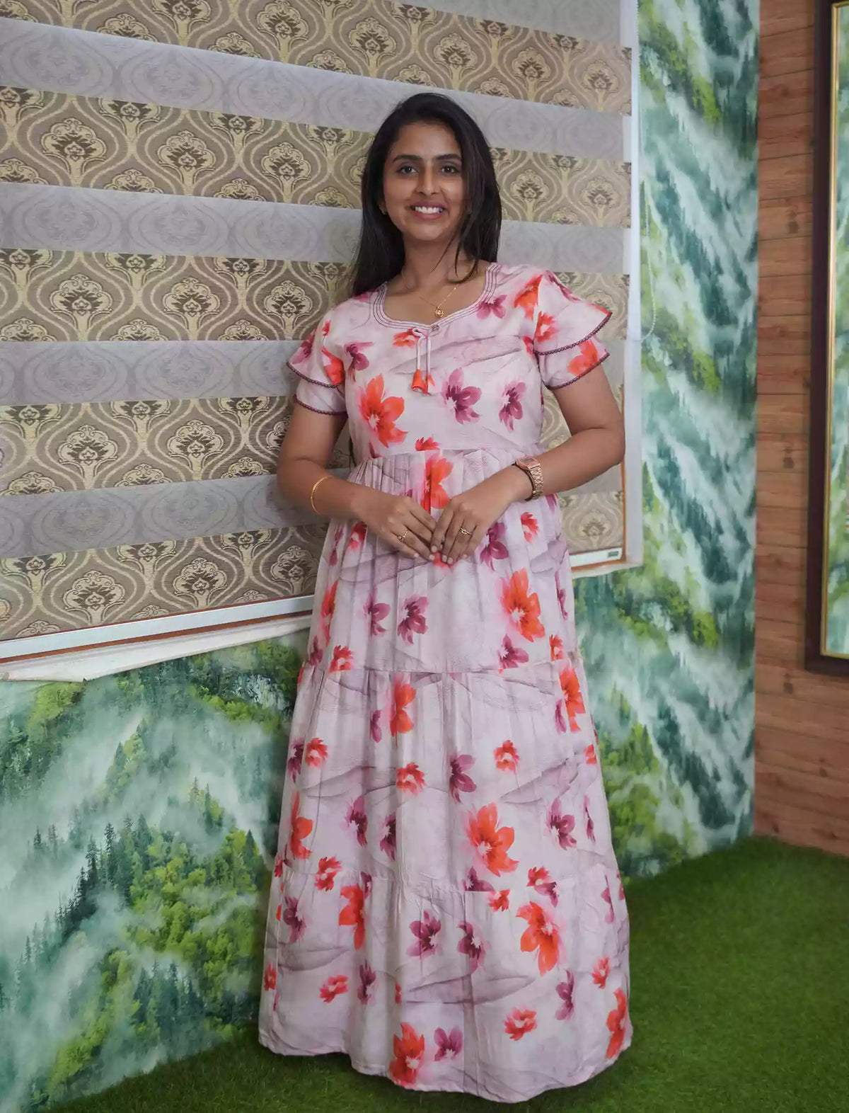 Rayon Floral Print 3 Layer Frock with Back Tie & Side Pocket | Mangai Nighties