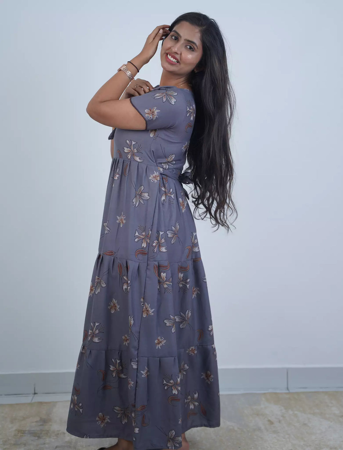 Alpine Floral Print 3-Layer Frock with Petal Sleeves - Mangai Nighties