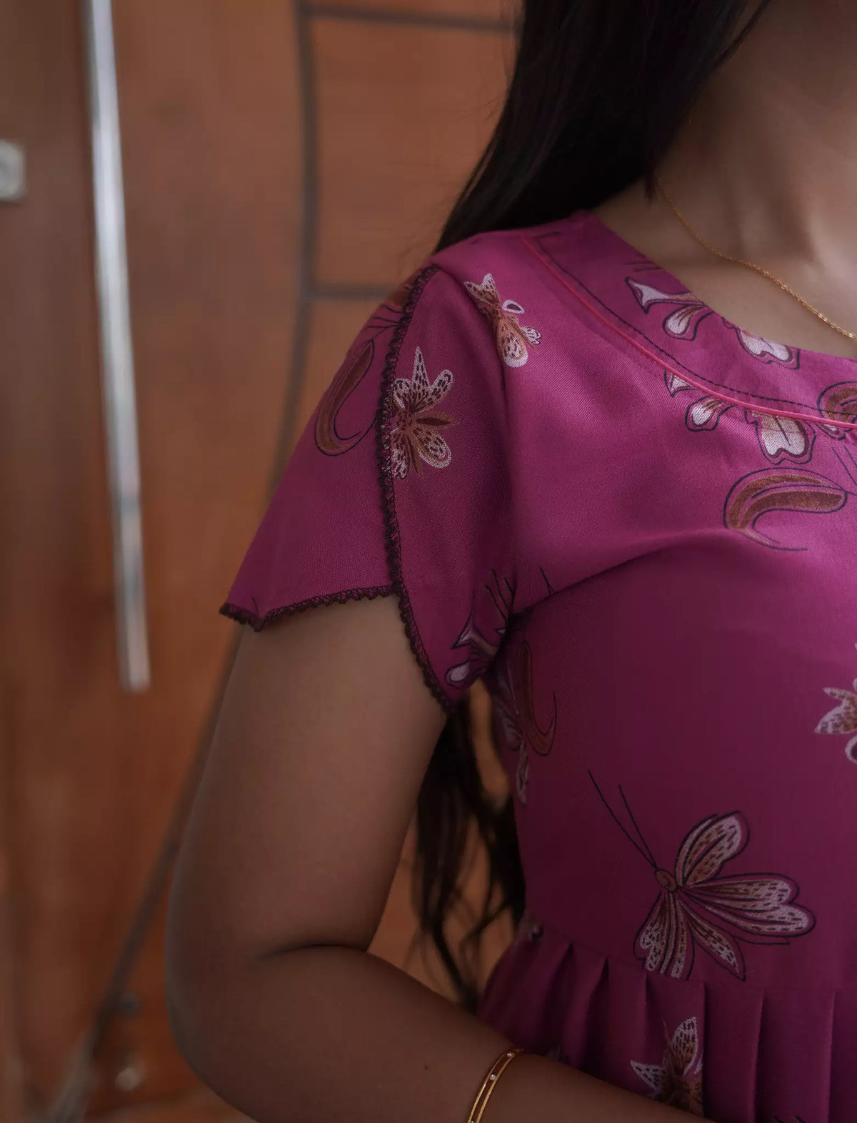 Alpine Floral Print 3-Layer Frock with Petal Sleeves - Mangai Nighties