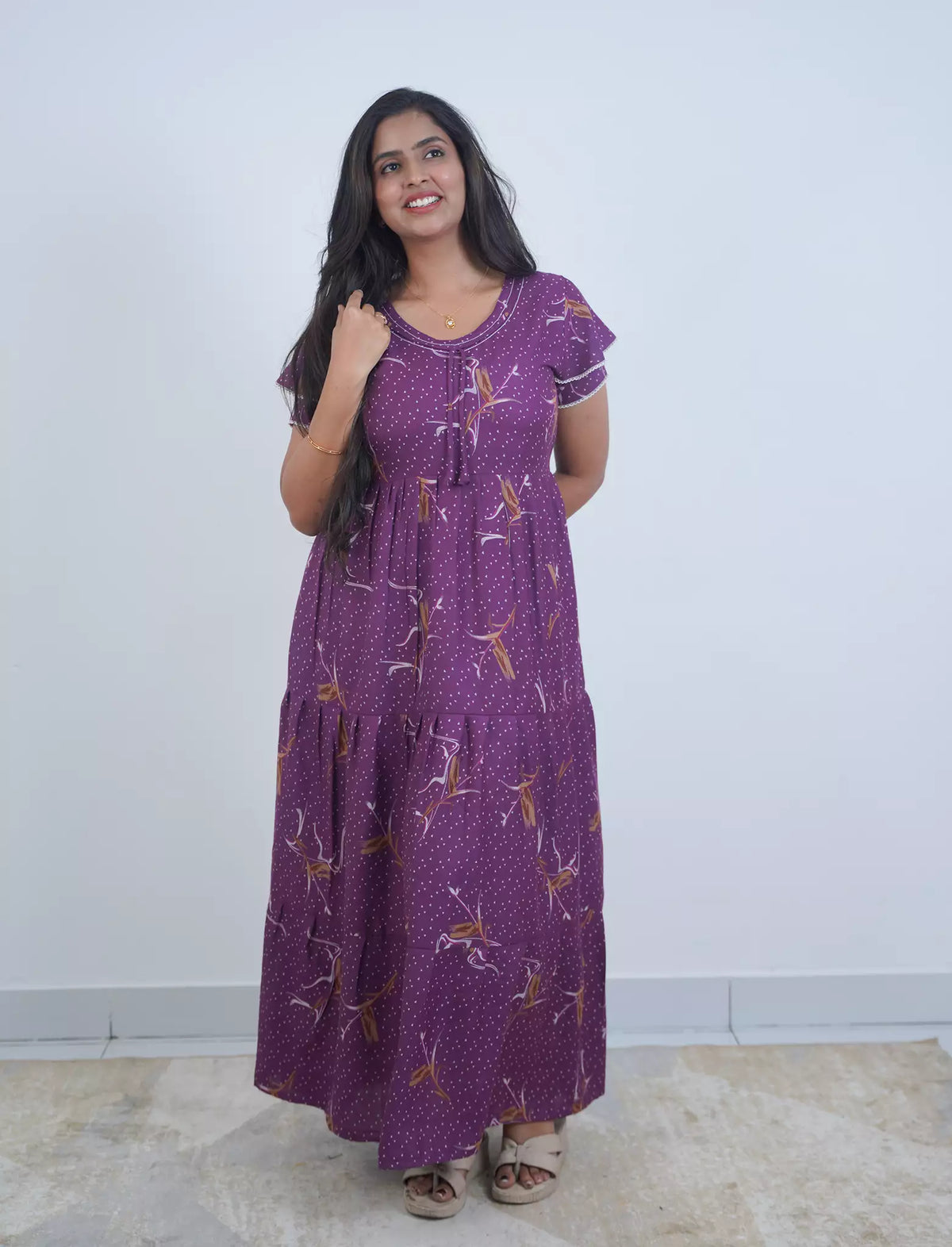 Alpine Floral Print Double Layer Sleeve Frock Style with Back Tie - Mangai Nighties