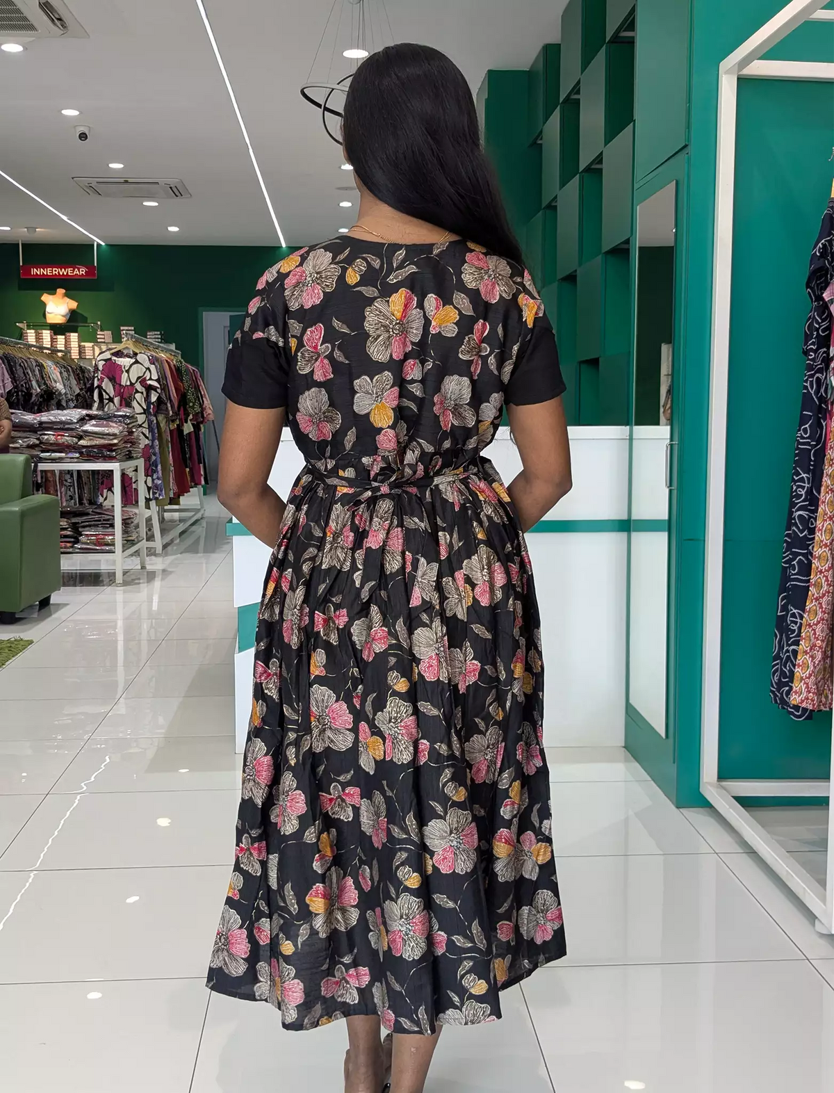 Rayon Zipless Maxi Frock Black Floral Short Sleeve with Back Tie - Mangai Nighties