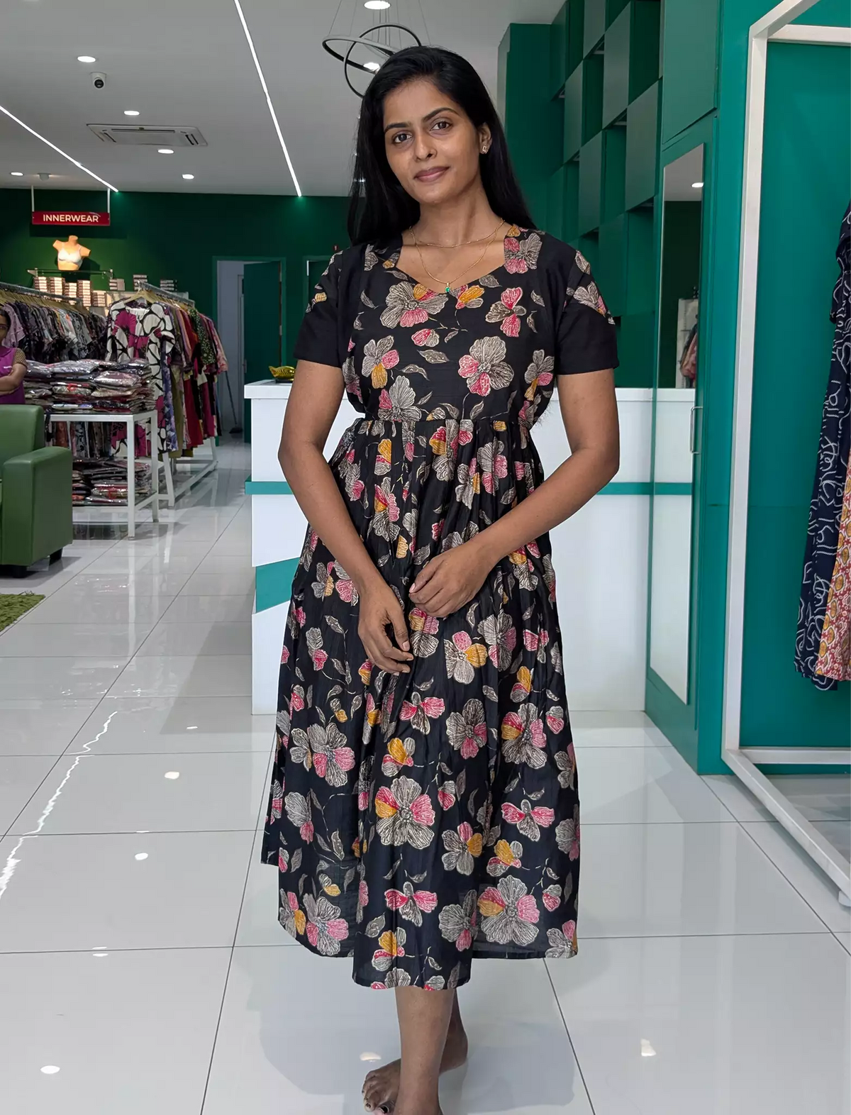 Rayon Zipless Maxi Frock Black Floral Short Sleeve with Back Tie - Mangai Nighties