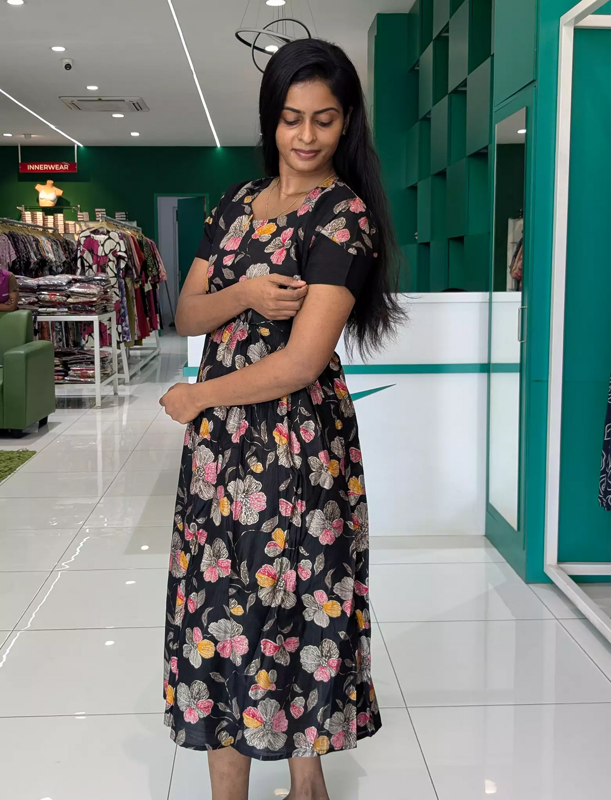 Rayon Zipless Maxi Frock Black Floral Short Sleeve with Back Tie - Mangai Nighties