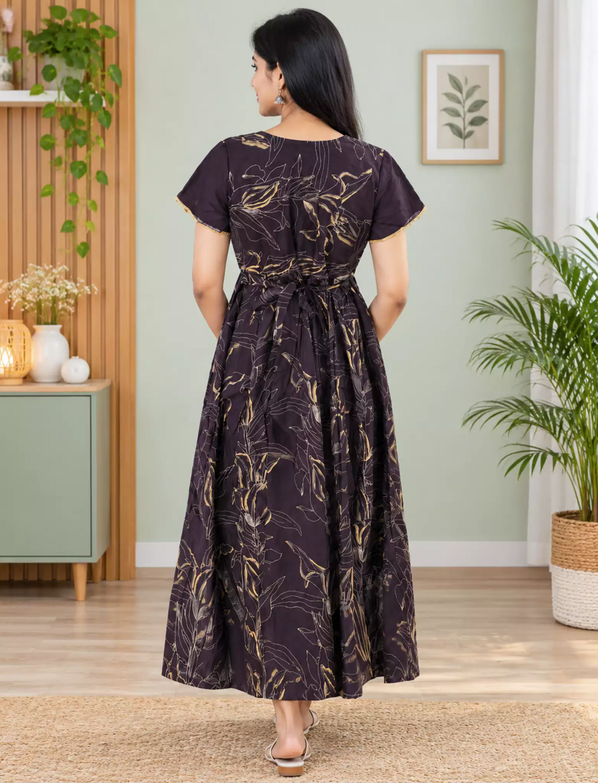 Rayon Zipless Maxi Frock Petal Sleeve with Back Tie - Mangai Nighties