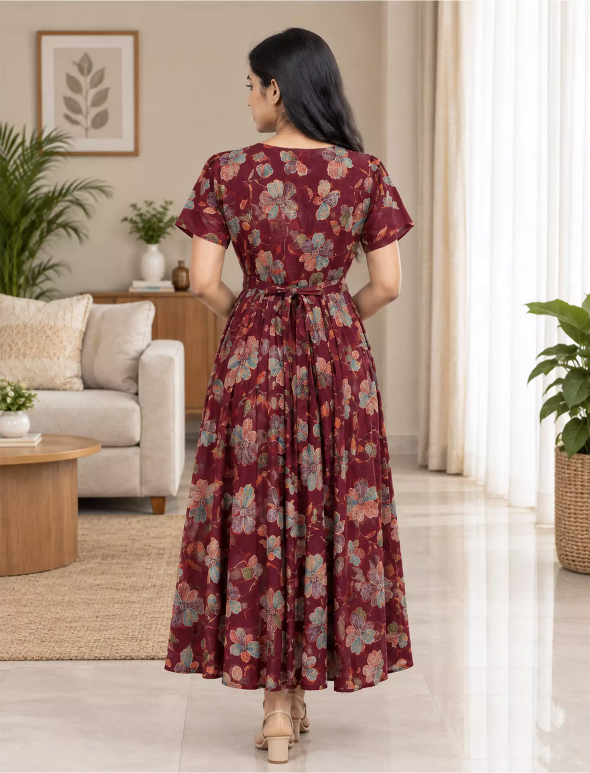 Rayon Zipless Maxi Frock Black Floral Short Sleeve with Back Tie - Mangai Nighties