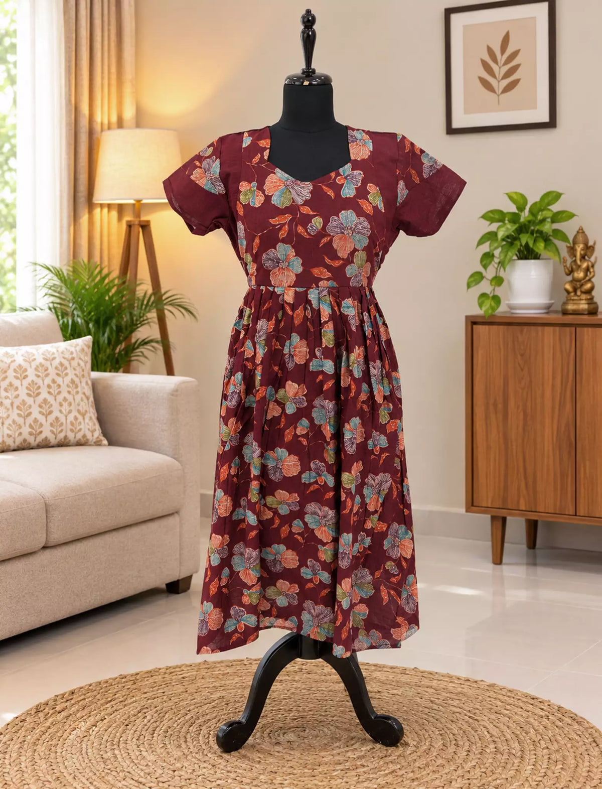 Rayon Zipless Maxi Frock Black Floral Short Sleeve with Back Tie - Mangai Nighties