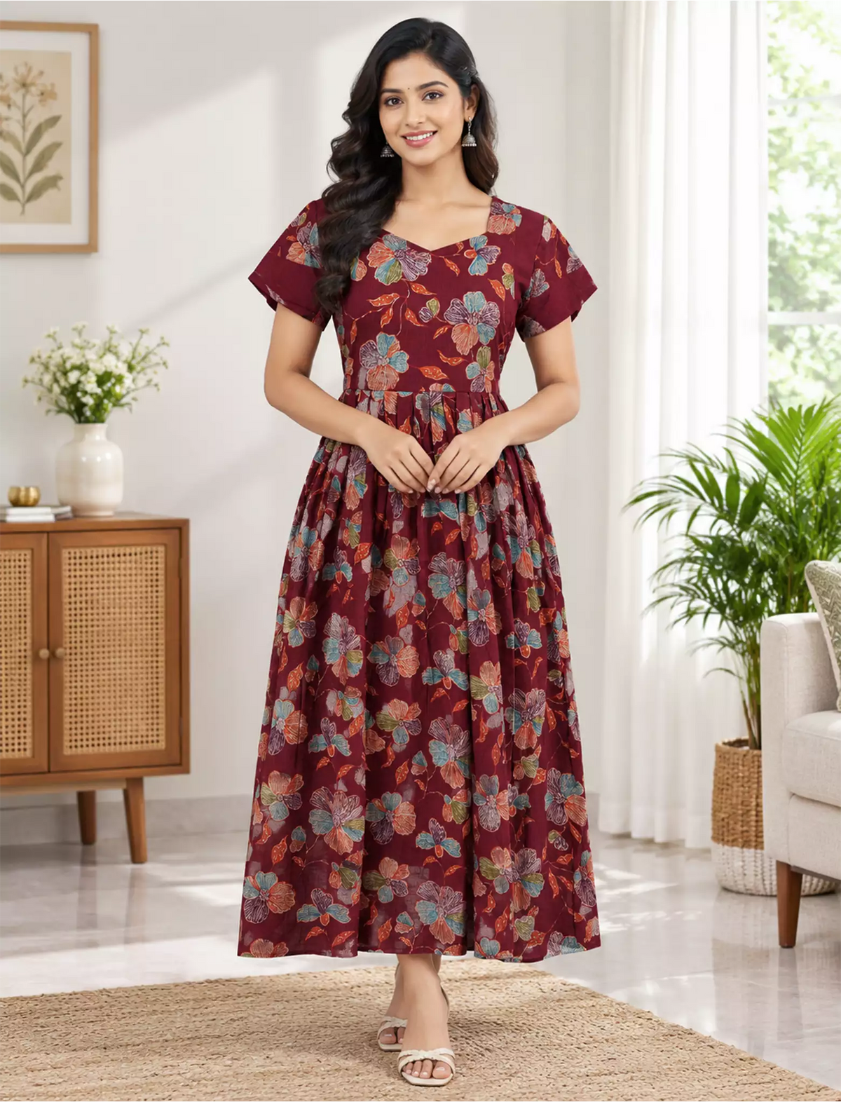 Rayon Zipless Maxi Frock Black Floral Short Sleeve with Back Tie - Mangai Nighties