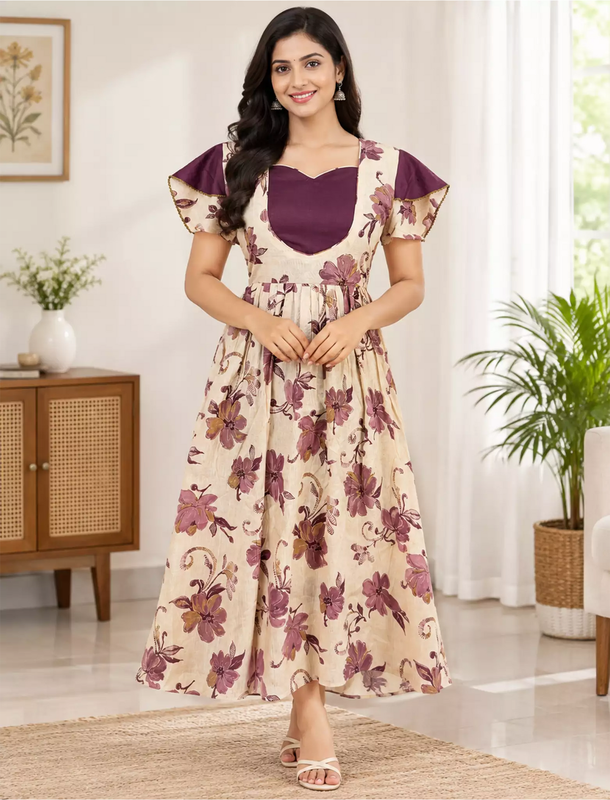 Vatican Zipless Maxi Frock Contrast Sleeve with Back Tie - Mangai Nighties