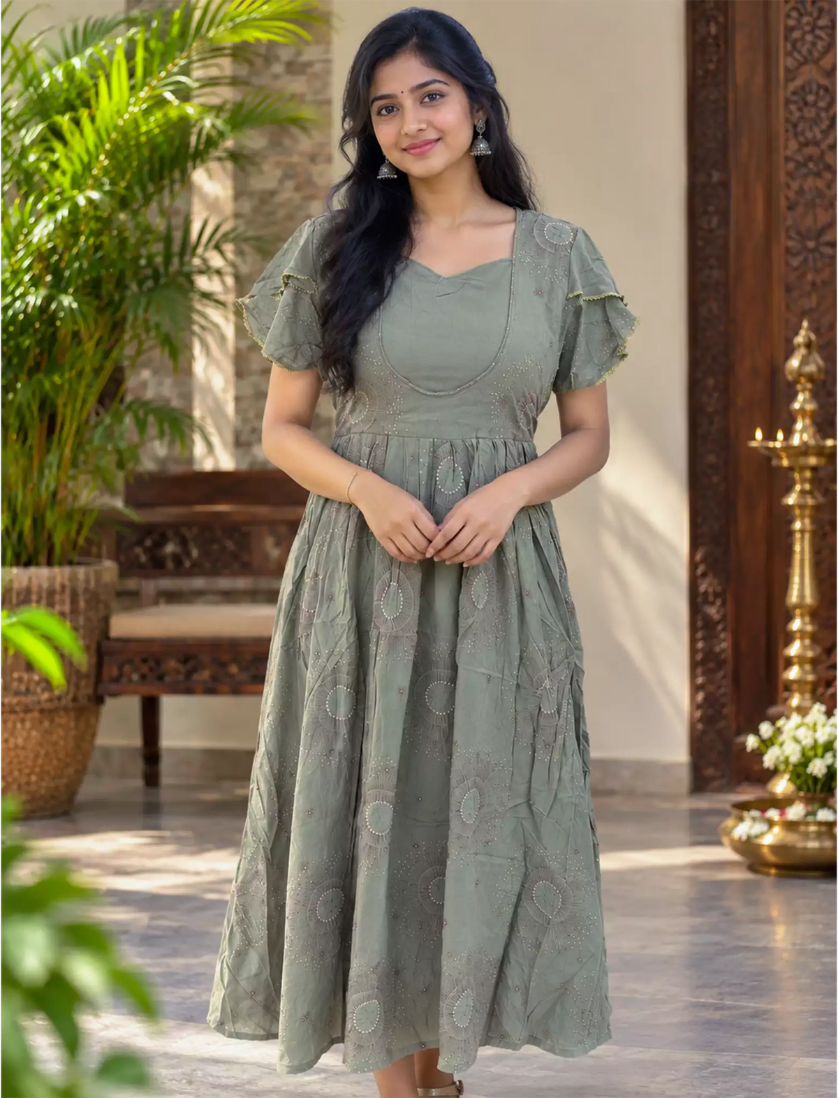 Rayon Zipless Maxi Frock Flutter Sleeve with Side Pocket- Mangai Nighties