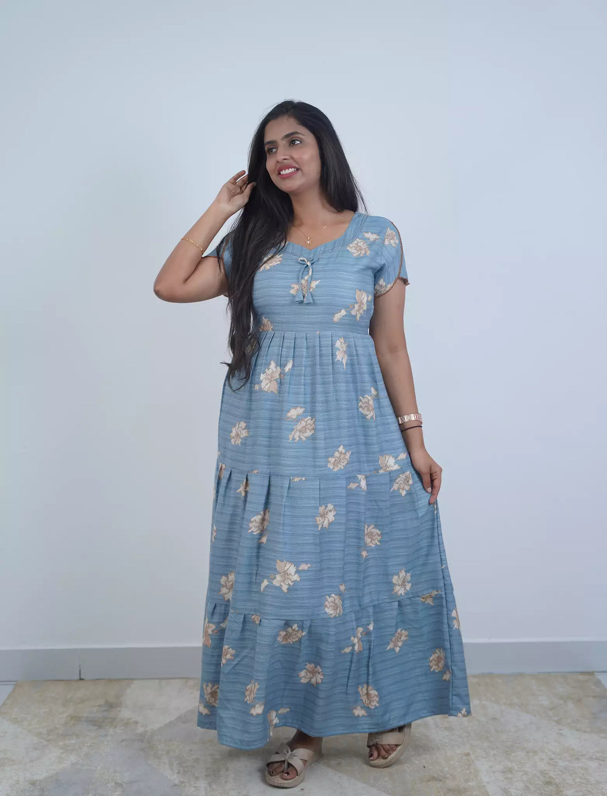 Alpine Floral Print 3-Layer Frock with Back Tie - Mangai Nighties