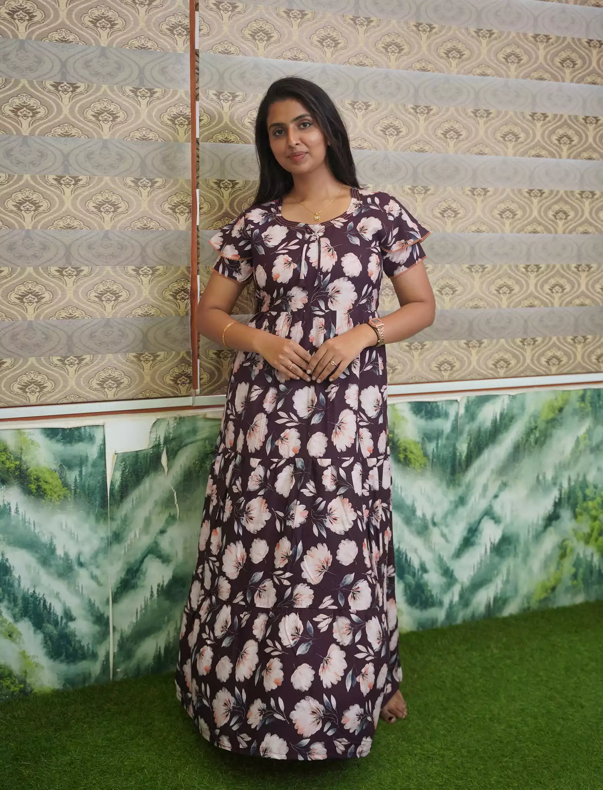 Rayon Floral Print 3 Layer Frock with Back Tie & Layer Frock | Mangai Nighties